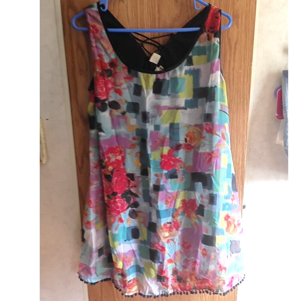 Watercolor Floral Lace Up Back Tunic Tank M Longline Boho Festival Pompom Hem
